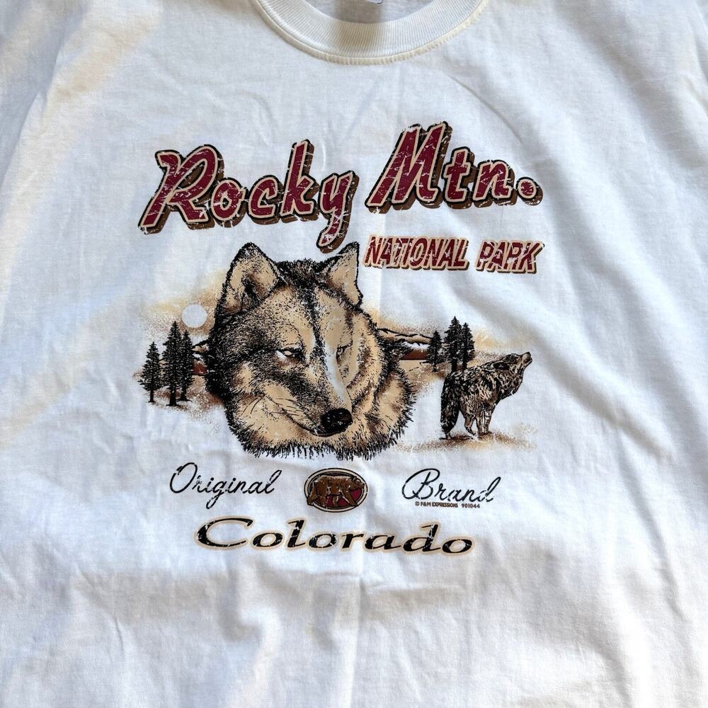 Vintage 90s Rocky Mountain National Park Wolf T Shirt XL Jerzees Colorado Nature - Picture 3 of 4